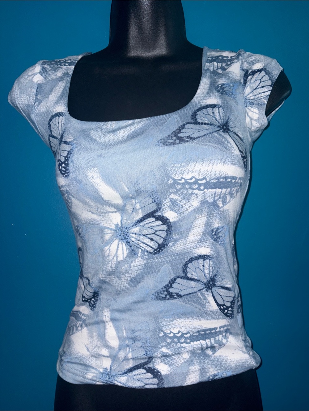 Women’s Blue Butterfly Scoop Neck Short Sleeve Tee